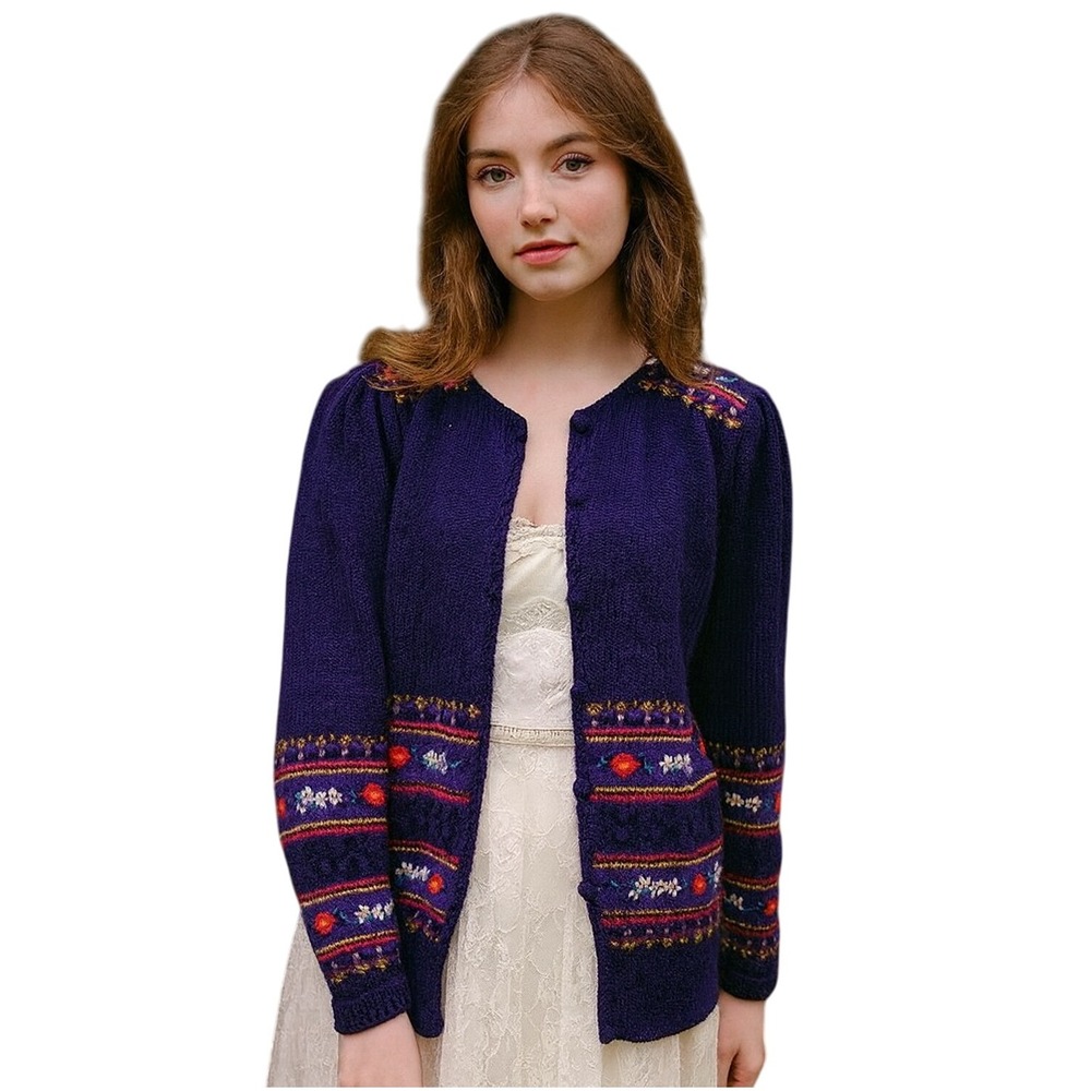 SUSAN BRISTOL 80's Knit button front Cardigan cottagecore floral wool purple L